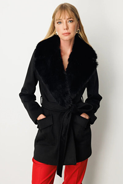 Ekol Coat with Fur Collar and Belted Waist-6079