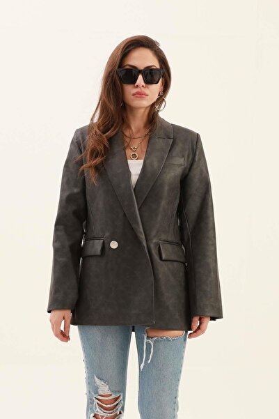 VELİZADE سترة بليزر من حشوة كتف قطع بلون أنثراسايت عتيق مظهر جلدي بأزرار على ...