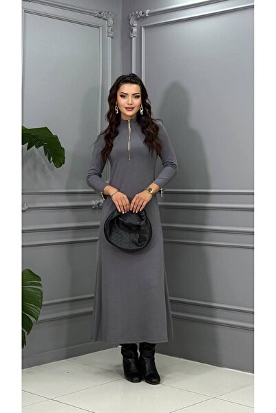 Genesis cannes Long Sleeve Zipper Collar Gray Long Dress