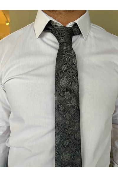 İpek Siyah Beyaz Desenli Mendilli Kravat