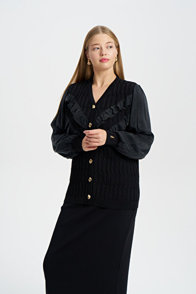 Niliwi 3097 V Yaka Fırfırlı Saç Örgü Hırka