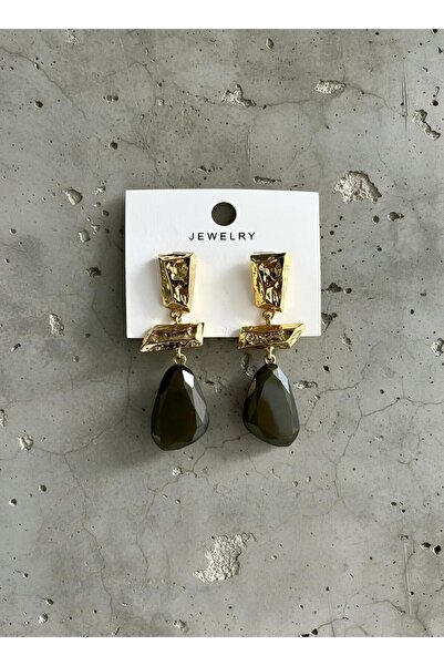 lunara jewelry Zara Model Haki Renk Taşlı Çelik Küpe