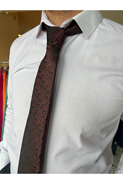 İpek Kahverengi Desenli Mendilli Kravat