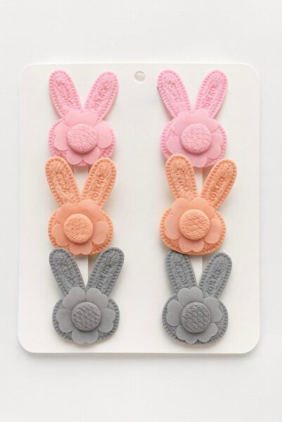 Magu Girl's Rabbit Ear Flower Detailed Buckle Set of 6 – Pink, Salmon, Gray