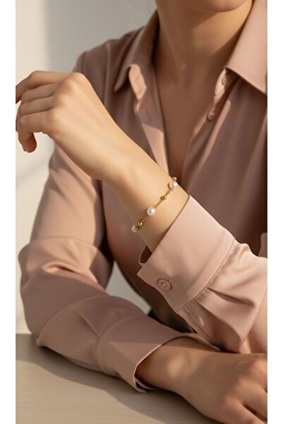AKSESUARIM Women's Pearl and Ball Detailed Steel Bracelet