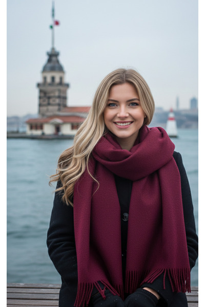 la_hatun Bordo Uzun Püsküllü 40x210 cm Omuz Şalı