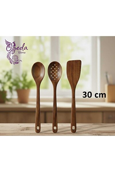 MİEN 3’lü Akasya Ahşap Kaşık Seti – Doğal 30 cm Mutfak Karıştırma & Servis Kaşığı