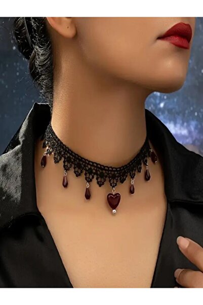 KANERUZ Gotik Siyah Dantel Kırmızı Kalp Kolye Gerdanlık