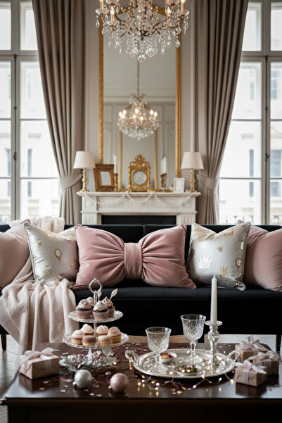 JACA XXL Velvet Fabric Pillow Christmas New Year Party Themed Bowknot Appearance Decorative Throw Pillow Set