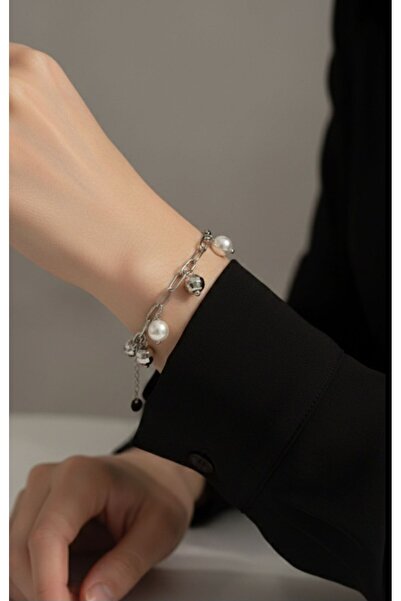 AKSESUARIM Women's Pearl and Ball Detailed Dangle Steel Bracelet