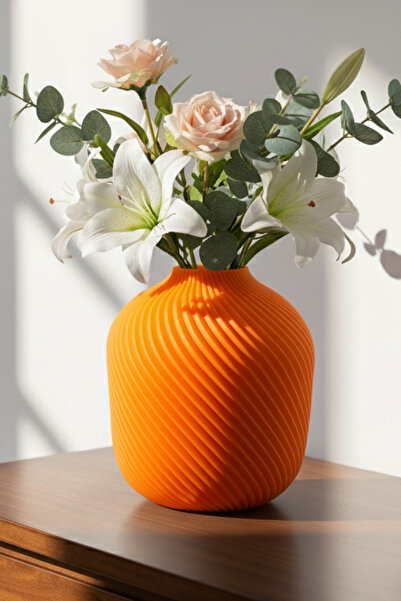 MEK مزهرية بلاستيكية مزخرفة مستديرة بخطوط حلزونية برتقالية (19x18.5 سم)