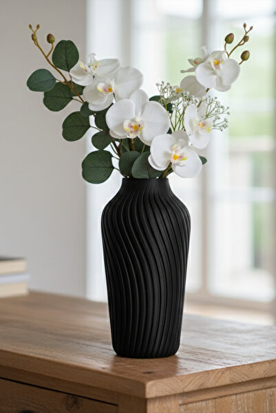 MEK Модерна извита декоративна пластмасова ваза, черна (20x10 см)