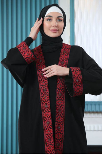 RiqqaStyle Winter abaya with red colored embroidery