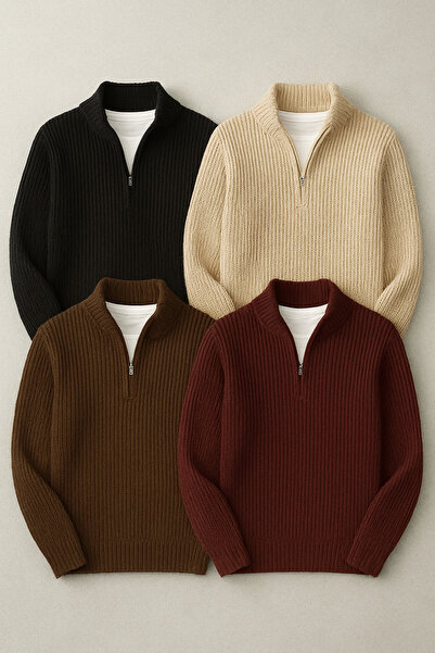 legends butik 4 Adet Erkek Selanik Örgü Yarım Fermuarlı Kalın Kışlık Triko Kazak Seti Bordo Kahverengi Bej Siyah