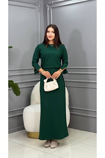 Genesis cannes Long Sleeve Crew Neck Skirted Two-Piece Suit Green Dress