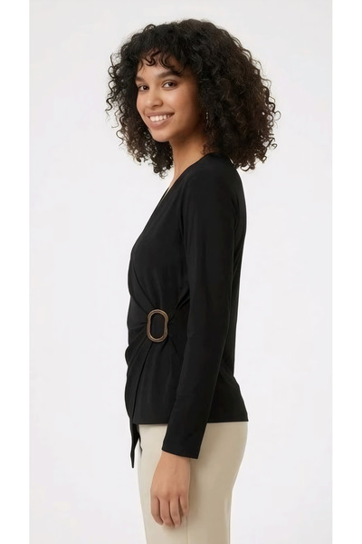peralist Women's V-Neck Gathered Buckle Long Sleeve Black Interlock Fabric Blouse