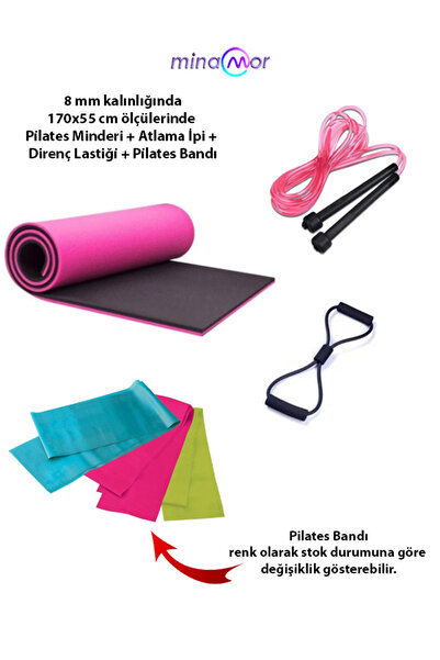Minamor 4lü Pilates Seti ( 8mm Kalınlığında Pilates Minderi+Atlama İpi+Direnç...