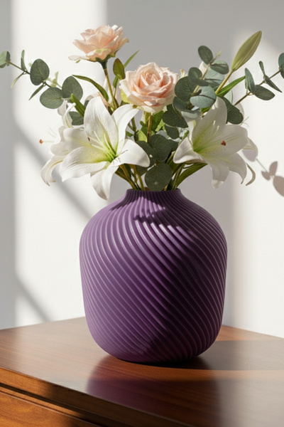 MEK Vază decorativă rotundă din plastic cu dungi spiralate violet (19x18,5cm)
