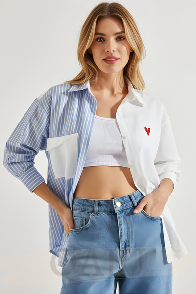 Qaju Women's Cotton Poplin Fabric Heart Detailed Design Oversized Shirt