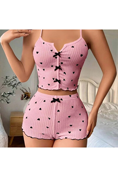 iygnus Heart Patterned Ribbon Detailed Shorts Pajama Set