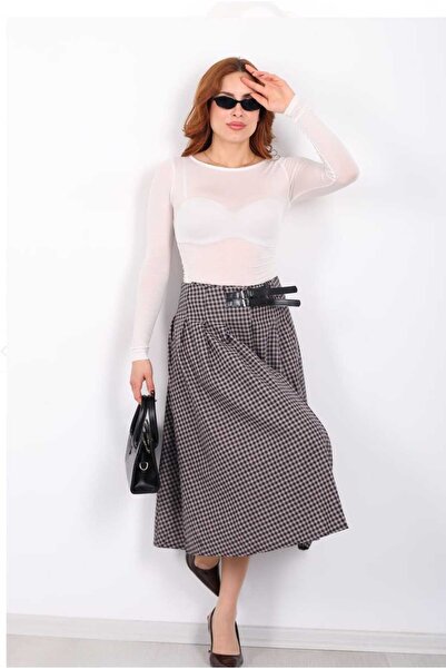 aytenli High Waist Half Belt Detailed Gipeli Front Openable Hidden Buttoned Slit Below Knee Plaid Skirt
