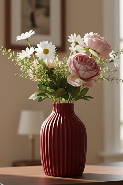 MEK مزهرية بلاستيكية كلاسيكية مخططة للزينة باللون الأحمر (20×13.5 سم)