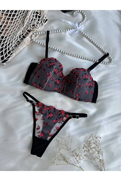 La Douce Set de lenjerie cu sutien și tanga cu flori roșii Lotus