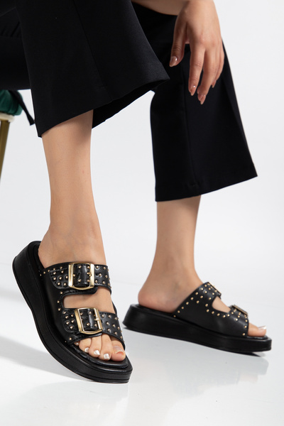 mysticaluxe Shoes Staple Detailed Double Buckle Soft Sole Casual Women's Slippers Z001