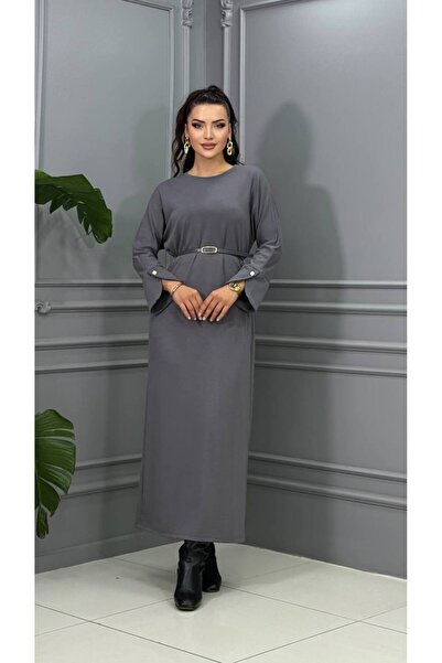 Genesis cannes Long Sleeve Cuffed Belted Long Gray Dress