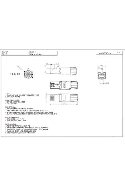 CN RG45 Cat6A + Cat7A UTP Toolless Plug with Fixed Ring