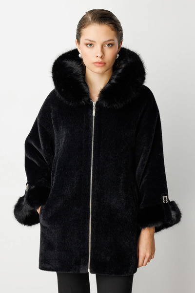 Ekol Fur Detailed Long Plush Coat-6031