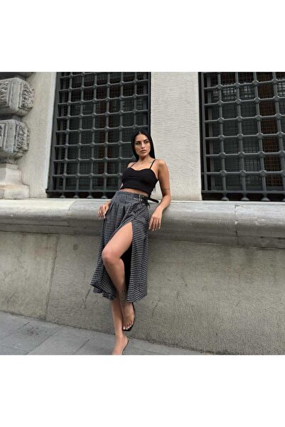 aytenli High Waist Half Belt Detailed Gipeli Front Openable Hidden Buttoned Slit Below Knee Plaid Skirt