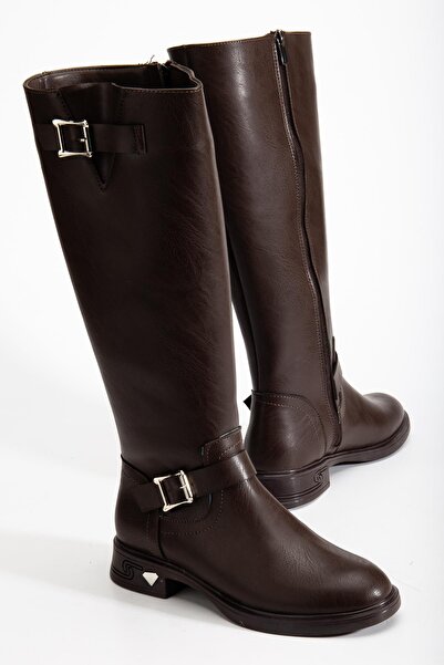 Dilimler Ayakkabı Brown Women's Boots Flat Heeled with Ankle Belt