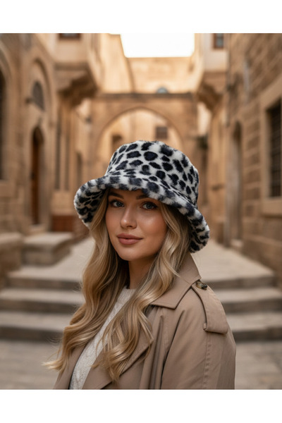 la_hatun Lopar Lacivert Desenli İthal Peluş Şapka