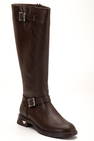 Dilimler Ayakkabı Brown Women's Boots Flat Heeled with Ankle Belt