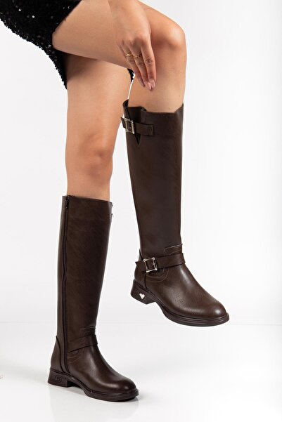 Dilimler Ayakkabı Brown Women's Boots Flat Heeled with Ankle Belt
