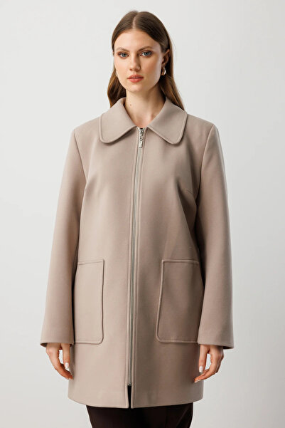 Ekol Large Size Cashmere Coat with Side Pockets-6307