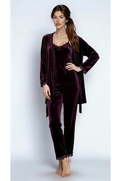 MAY Homewear Τριπλό εισαγόμενο γαλλικό βελούδινο σετ πιτζάμα με λεπτομέρεια α...