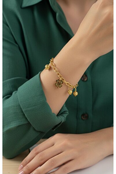 AKSESUARIM Women's Clover and Ball Detailed Dangling Steel Bracelet
