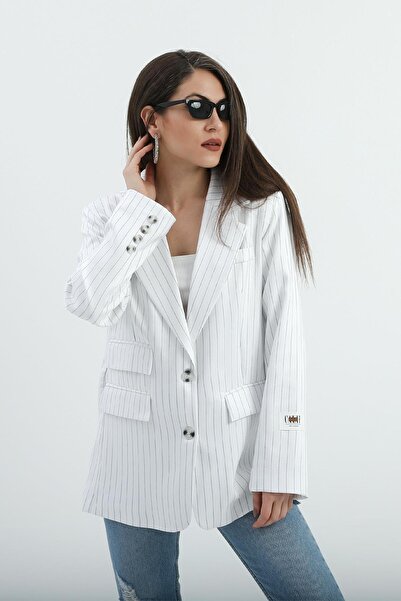 VELİZADE Екрю смугастий кишеневий деталізований ґудзиковий оверсайз блейзер з...