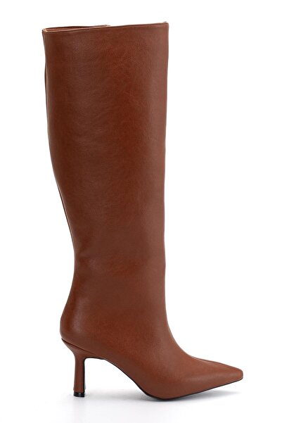 Dilimler Ayakkabı Women's Boots Tan Thin Heeled Faux Leather Pointed Toe