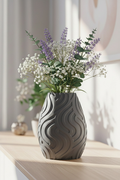 MEK Vază decorativă din plastic cu design în dungi gri (18x14cm)