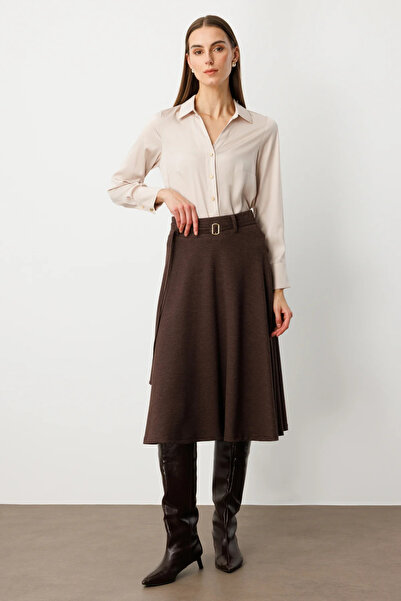 Ekol Beli Belted Flared Midi Skirt-2037