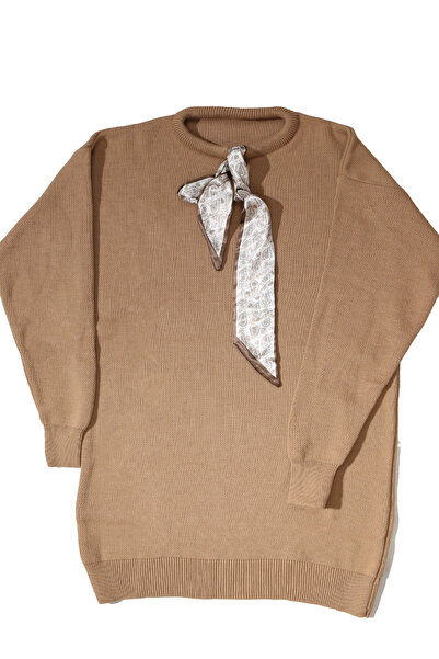 ASG TEKSTİL توب تريكو بياقة سيميت مع وشاح بني اللون بيج