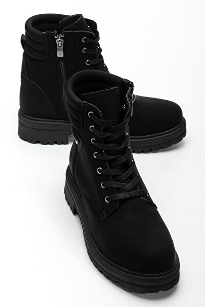 Dilimler Ayakkabı Women's Boots Black Flat Heel Lace-Up Ankle Stretch