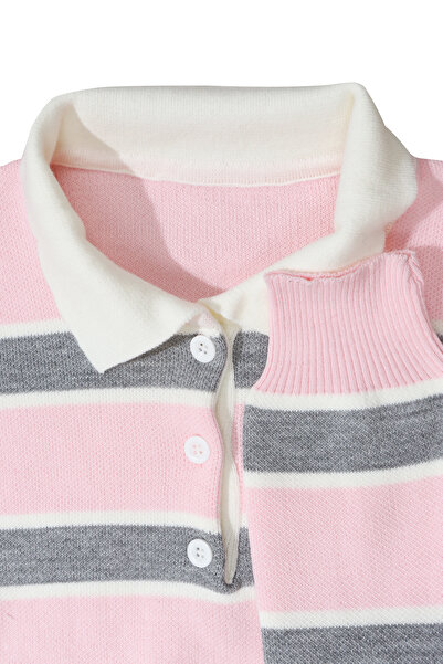 ASG TEKSTİL Striped Buttoned Polo Neck Women's Pink Color Knitwear Sweater