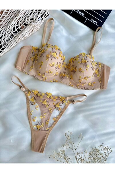 La Douce Lotus Yellow Mimosa Floral Lace Bra and Thong Lingerie Set