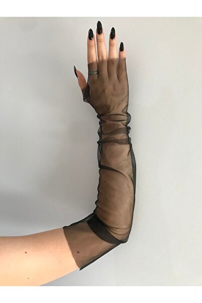 Limelia Siyah Uzun Tül Eldiven Parmaksız Abiye Eldiveni Kostüm Aksesuar Siyah Likralı Şeffaf Tül Kolluk