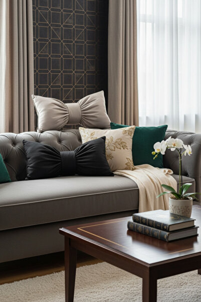 JACA Set de 2 perne decorative din țesătură de in, cu aspect de fundă, cu pan...