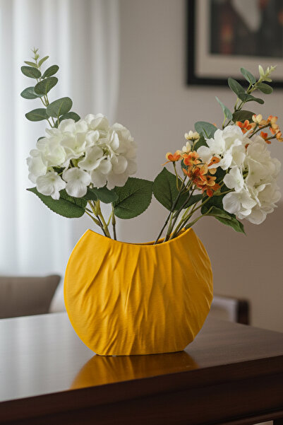 MEK Crinkled Line Decorative Modern Vase Yellow (17X22Cm)